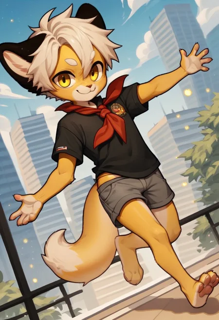 solo, furry, anthro, mikus, 1boy, solo, paws, boy, petite boy, slim boy, small boy, (white hair, dark yellow eyes, yellow fur, dotted eyebrows, small eyebrows, white eyebrows, white fur, yellow paws, (tail tip black:1.5), black ears), Soviet schoolgirl uniform, frilled apron, red neckerchief, score_8_up, score_7_up, score_6_up, score_5_up, score_4_up, outdoors, cityscape, dutch angle, random pose, spontaneous pose, random view, view from different angles, shorts, chibi, smile