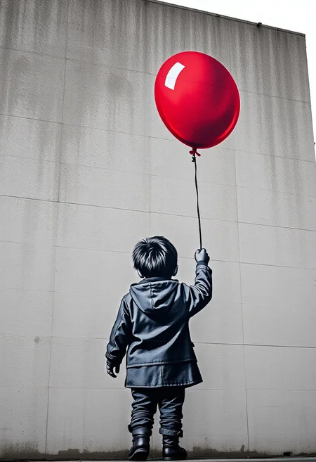 A large-scale street mural depicting a child holding a red balloon, but instead of a city wall, it is painted onto a minimalist, textured stone façade, making the scene feel both poetic and deeply impactful.