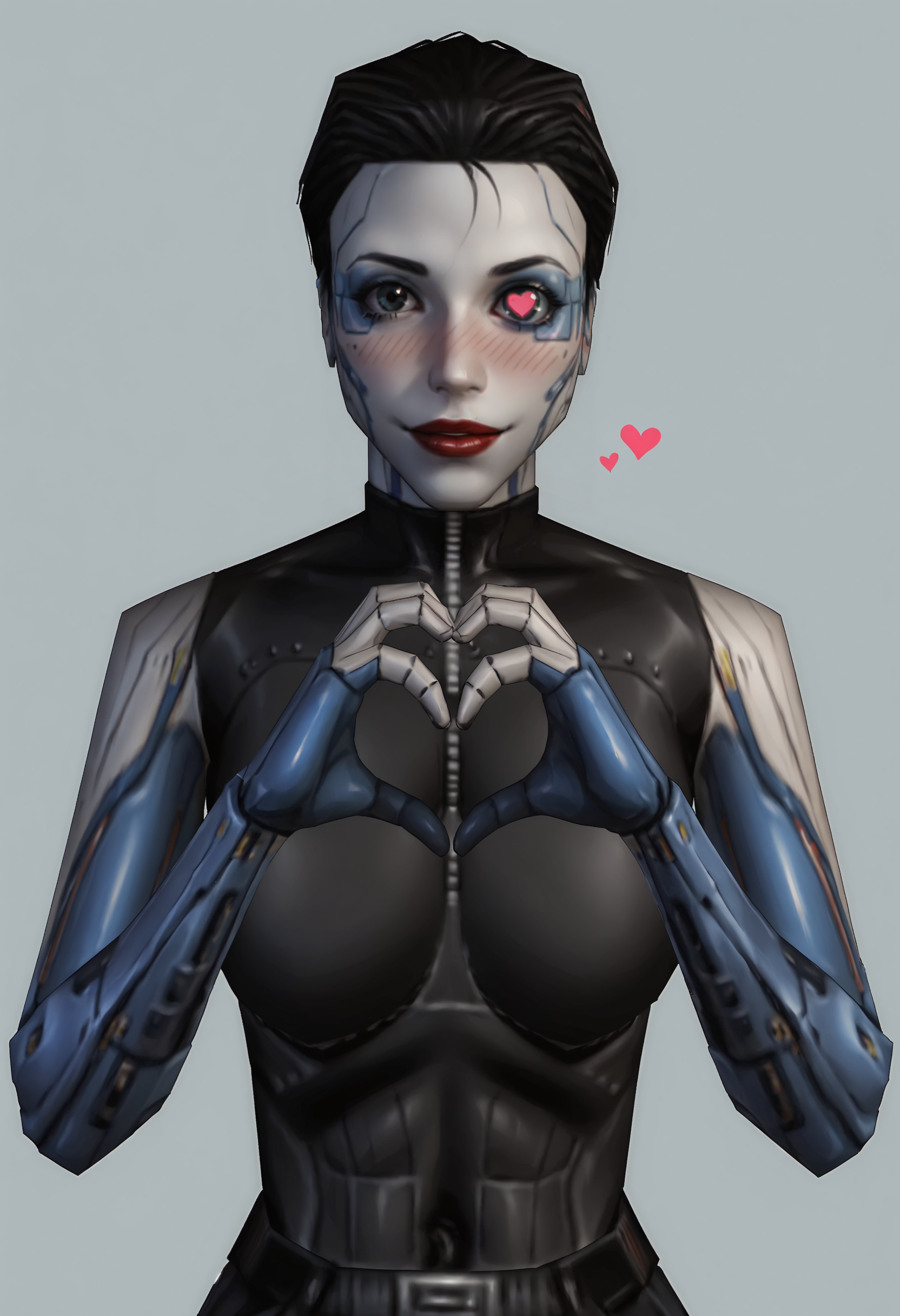 score_9, score_8_up, score_7_up, score_6_up, score_5_up, score_4_up, 1girl, <lora:AnnaNavarre:0.75> , colored skin, white skin, solo, large breasts, cyborg, short hair, black hair, robot joints, mechanical parts, mechanical arms, red lips, makeup, robot eye, upper body, looking at viewer, blush, smile, heart hands, 
(light blue background), simple background,