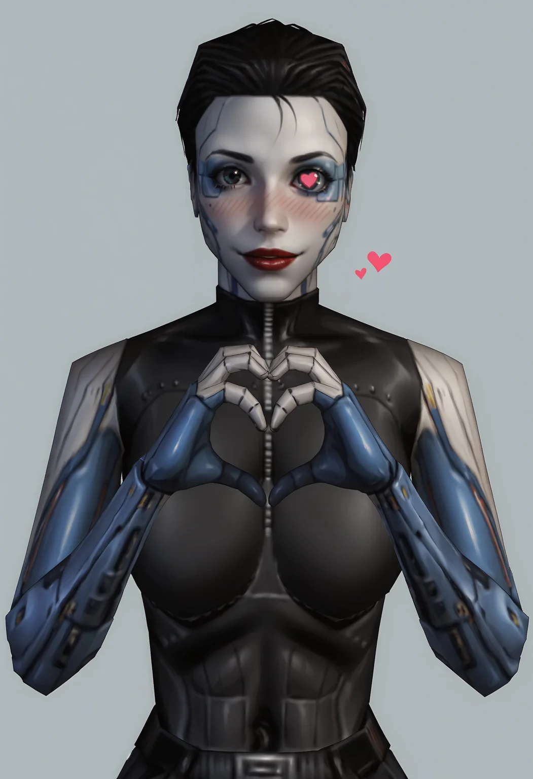 score_9, score_8_up, score_7_up, score_6_up, score_5_up, score_4_up, 1girl, <lora:AnnaNavarre:0.75> , colored skin, white skin, solo, large breasts, cyborg, short hair, black hair, robot joints, mechanical parts, mechanical arms, red lips, makeup, robot eye, upper body, looking at viewer, blush, smile, heart hands,
(light blue background), simple background,