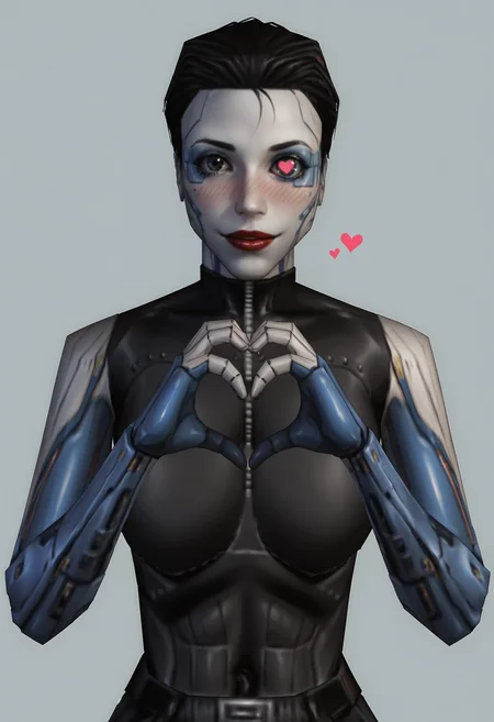 score_9, score_8_up, score_7_up, score_6_up, score_5_up, score_4_up, 1girl, <lora:AnnaNavarre:0.75> , colored skin, white skin, solo, large breasts, cyborg, short hair, black hair, robot joints, mechanical parts, mechanical arms, red lips, makeup, robot eye, upper body, looking at viewer, blush, smile, heart hands,
(light blue background), simple background,