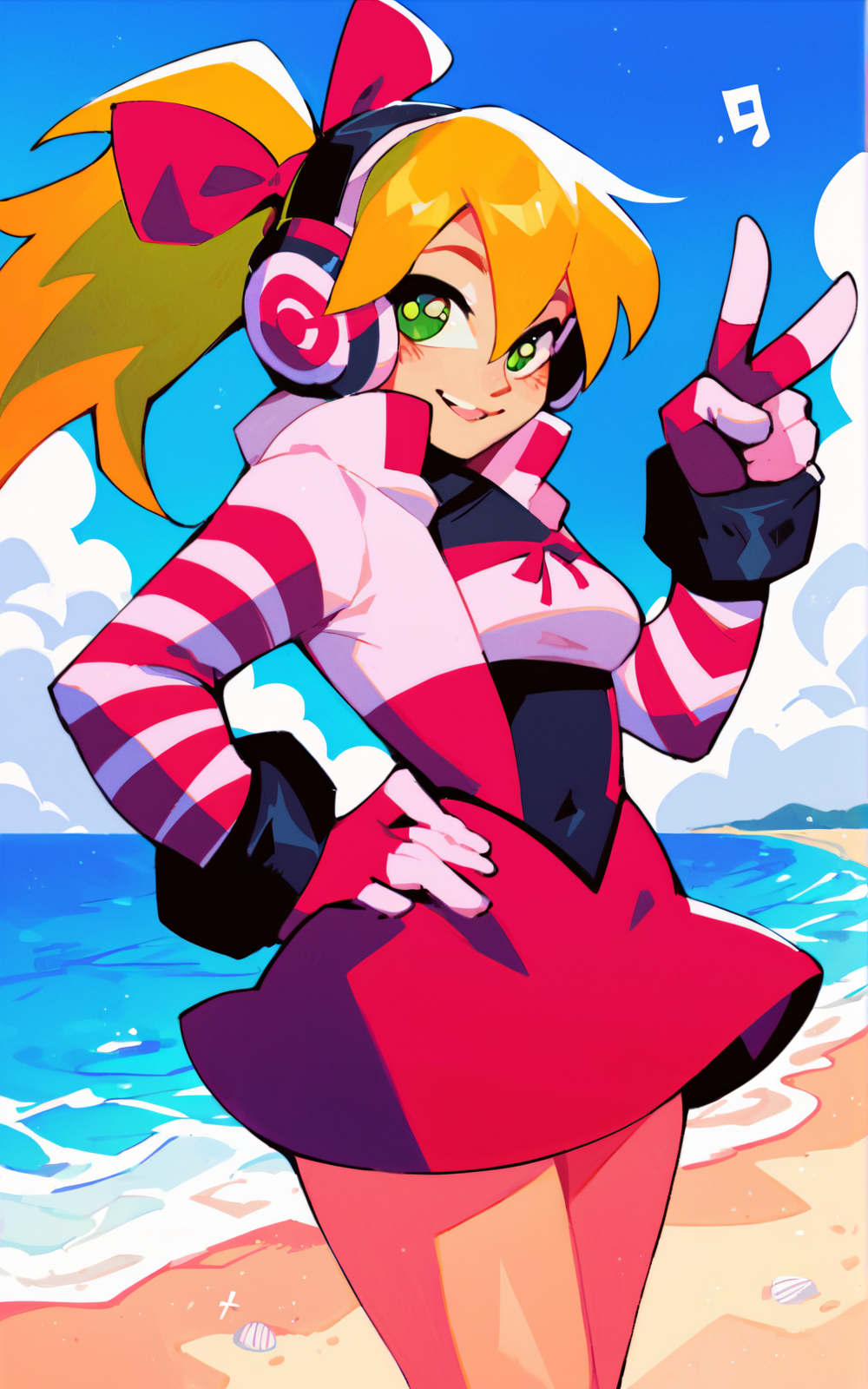 score_9, score_8_up, score_7_up,((best quality)), absurdres, <lora:BolivanteStyle:0.8>,  <lora:CMN9PXL:0.8>,CMN9PXL, hair ribbon, ponytail,  headphones, headset, striped sleeves, dress, skirt, multicolored dress, green eyes, pink dress, long hair,blonde hair, gloves, ribbon, beach, v sign, hand in hip