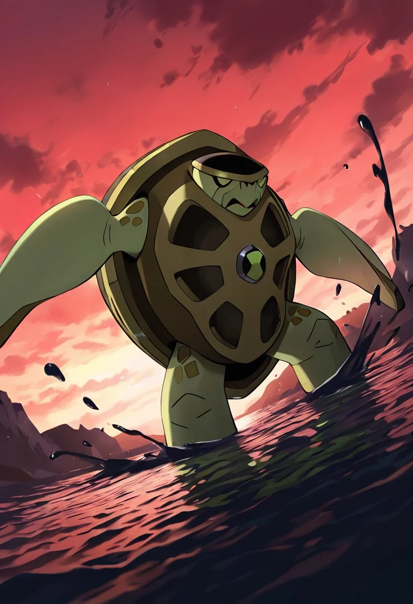 masterpiece, best quality, amazing quality, very aesthetic, absurdres, newest,, detailed background,
terraspin, pokemon (creature), solo, no humans, closed mouth, green eyes, green skin, shell, turtle, small head
emerging from water, waster splash, dynamic pose, black liquid, black water, red sky, open mouth, dutch angle,