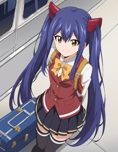 score_9, score_8_up, score_7_up, source_anime, <lora:wendy-marvell-100yq-ponyxl-lora-nochekaiser:1>, wendy marvell, long hair, hair ornament, ribbon, hair between eyes, twintails, brown eyes, very long hair, blue hair,, skirt, thighhighs, bow, ribbon, pleated skirt, black thighhighs, bowtie, black skirt, zettai ryouiki, yellow bow, yellow ribbon, train station, waiting for train, suitcase, traveling, commute, city skyline, hands behind back,, smile, , from above,, solo,, dutch angle,