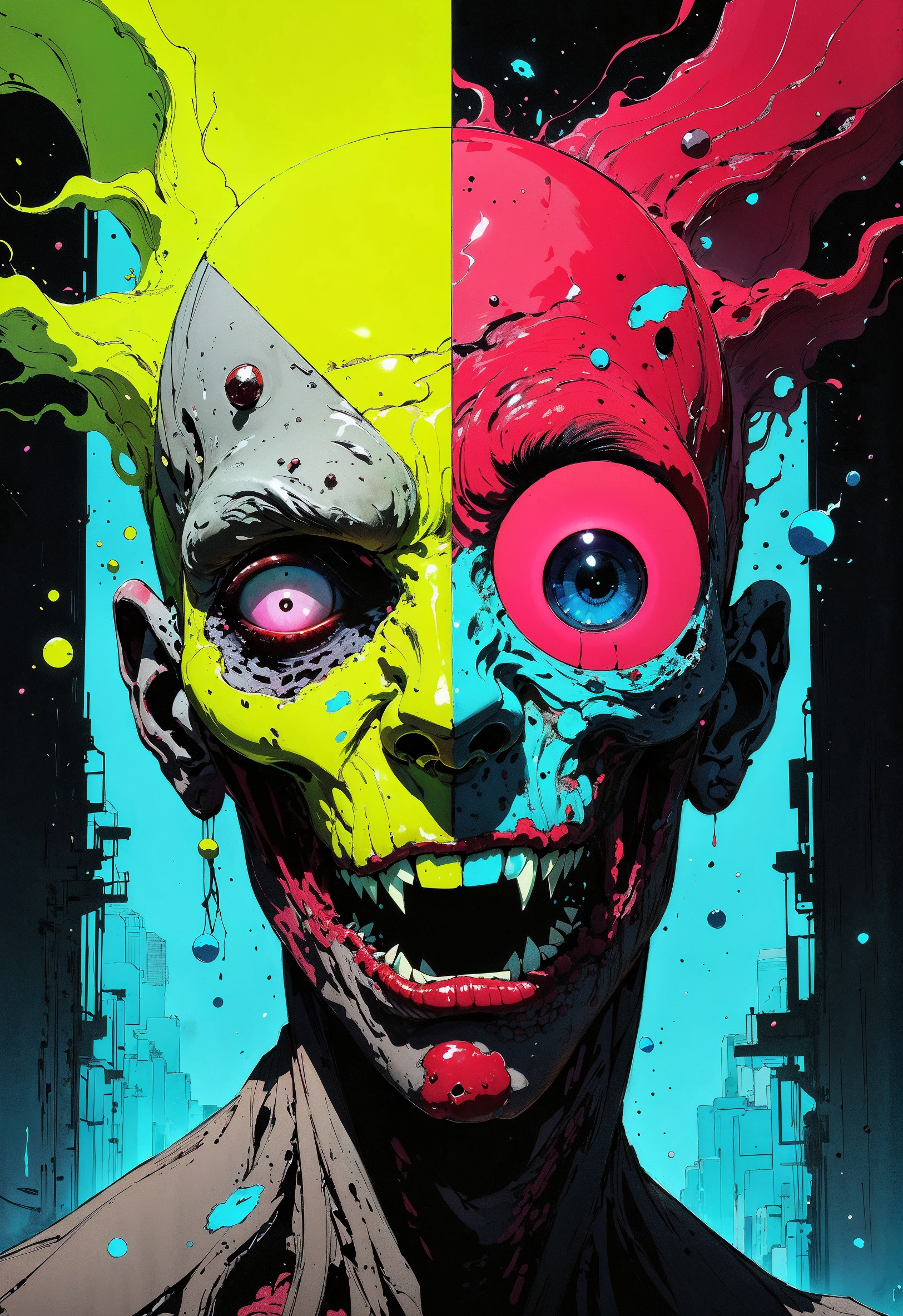 (in Otomo Katsuhiro style:1.2), high-quality, masterpiece, A zombie face split into four geometric quadrants, each section representing a different state of decay, The upper-left triangle is neon green for infection, the upper-right is dark red for blood and gore, the lower-left is gray for rotting flesh, and the lower-right is electric blue for unnatural energy, Clean bold lines with high-contrast color blocks and sharp angles, (elaborate fine details:1.1), (hyperdetailed:1.1), (intricate details:1.0), (Refined details:1.1), (best quality:1.1), (high resolution:1.2)