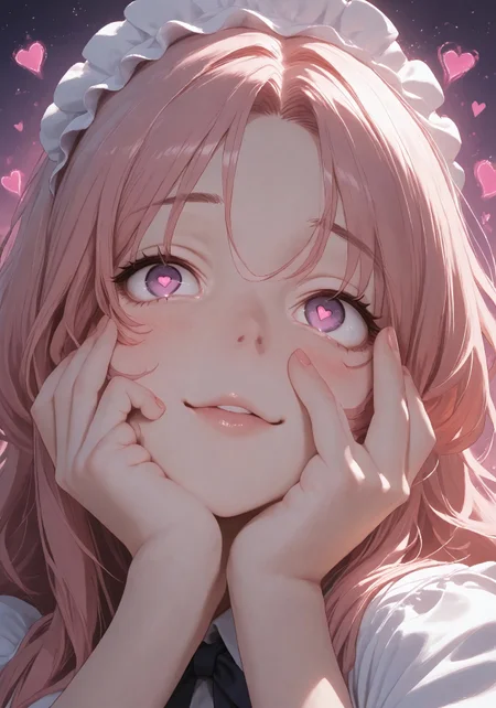 Stable_Yogis_PDXL_Positives, masterpiece, high_quality, highres, flat_colors, gradient, long_lashes, blush, looking_at_viewer, dynamic_angle, cinematic, side_view, hearts, ethereal_aura, uwu, big_eyes, crazy eyes, yandere, yandere trance