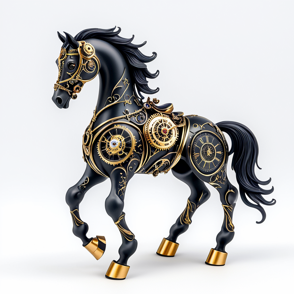 <lora:Rococo_Steampunk_SDXL:1> ArsMJStyle, Rococo Steampunk,  The image shows a black and gold horse with a clock on its back standing on a white surface. The horse is adorned with intricate details giving it a unique and eye-catching look., no humans, horse, simple background, white background