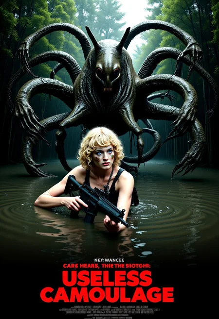 A horror movie poster focusing on a monster. The lower part of the image features a woman with partial camouflage face paint waist deep in murky water holding an assault rifle, looking at viewer nervously. She is a stunning beauty with gorgeous platinum-blonde short curly hair and blue eyes and pale skin wearing a black sports bra and military gears. The upper part of the image behind her features a monster snail looming over her. The monster is a fusion of snail and human, featuring multiple arms extending toward her, its dark skin is covered with faintly glistening oily mucus. The scene is beneath a canopy of a dense and dark jungle, tall and large trees blocking the sunlight, obscuring the soldier and the monster, making the image dark overall. The movie title 'Useless Camouflage' written at the bottom of the image in simple and bold red font with faint glow. (Production credits below the movie title.:1.2) aidmatextimprover, cleavage, high contrast