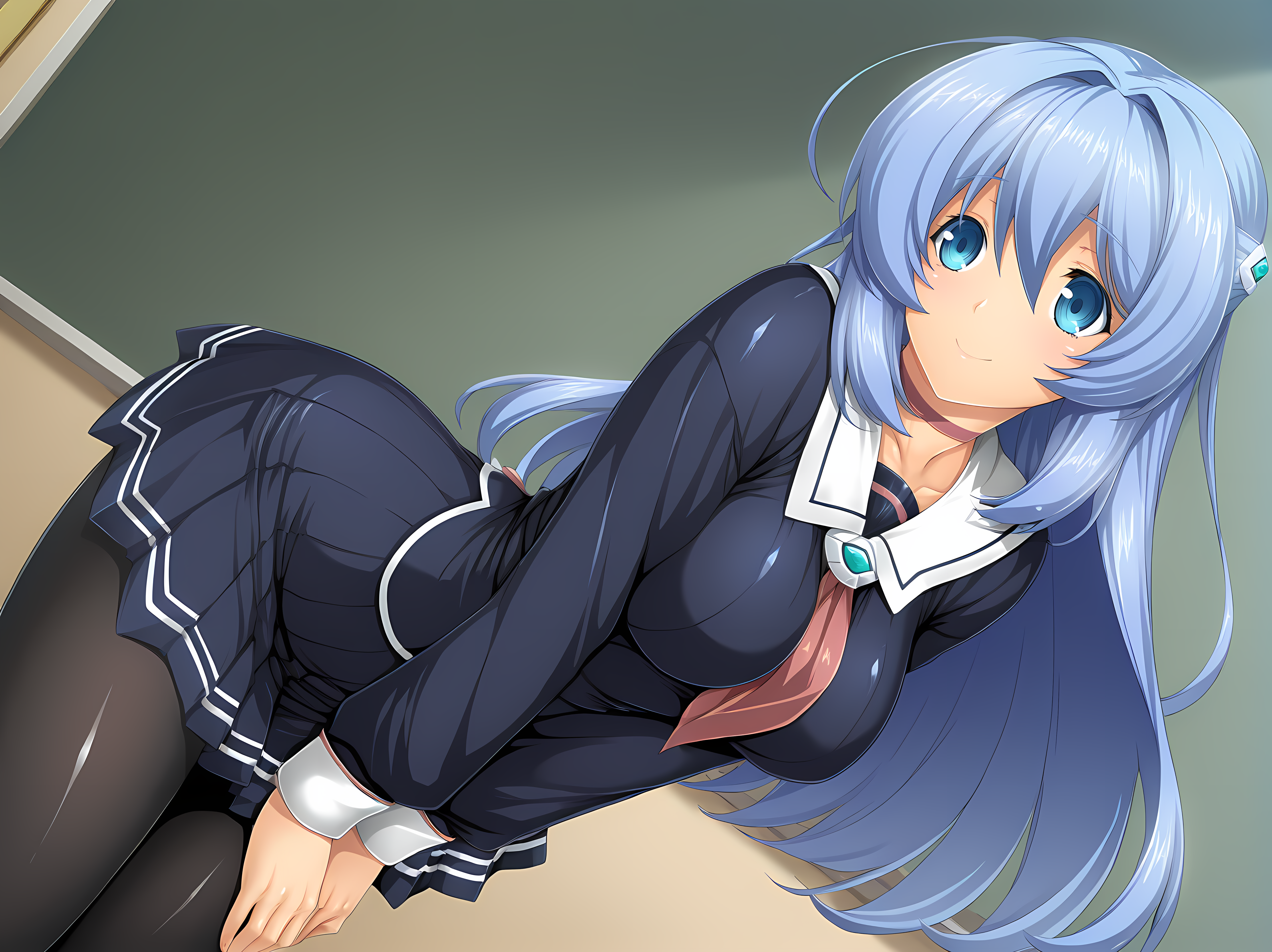 1girl,<lora:Marina_Katsuragi_-_Exstia_Illustrious:1>,marina,lusterise,blue eyes,blue hair,large breasts,schooluni,cowboy shot,black pantyhose,smile,solo,, masterpiece,best quality,amazing quality,