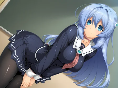 1girl,<lora:Marina_Katsuragi_-_Exstia_Illustrious:1>,marina,lusterise,blue eyes,blue hair,large breasts,schooluni,cowboy shot,black pantyhose,smile,solo,, masterpiece,best quality,amazing quality,