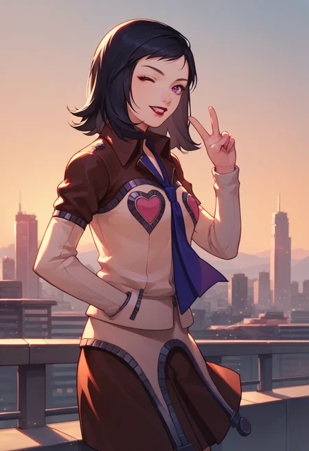score_9, score_8_up, score_7_up, source_anime, 1girl, looking at viewer, wink, peace sign, <lora:zs_MayaXL:1> mayap2, medium hair, black hair, purple eyes, lipstick, jacket, hearts, blue necktie, skirt, knee boots, outdoors, sunset, cityscape