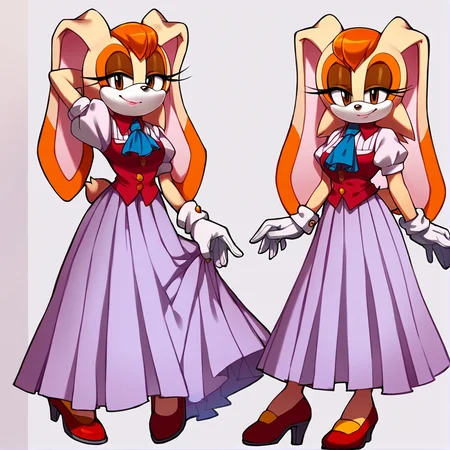 score_9, score_8_up, score_7_up, score_6_up, score_5_up, score_4_up, (Source sonic), (rating safe), <lora:Vanilla the rabbit xl :1>, vanilla the rabbit, 1girl, solo, breasts, looking at viewer, smile, skirt, simple background, shirt, gloves, white background, dress, standing, full body, short sleeves, shoes, puffy sleeves, white gloves, rabbit girl, arm up, high heels, puffy short sleeves, ascot, eyelashes, makeup, red footwear, furry, arm behind head, long skirt, skirt hold, rabbit ears, animal nose, brown eyes, animal ears, furry female, orange hair