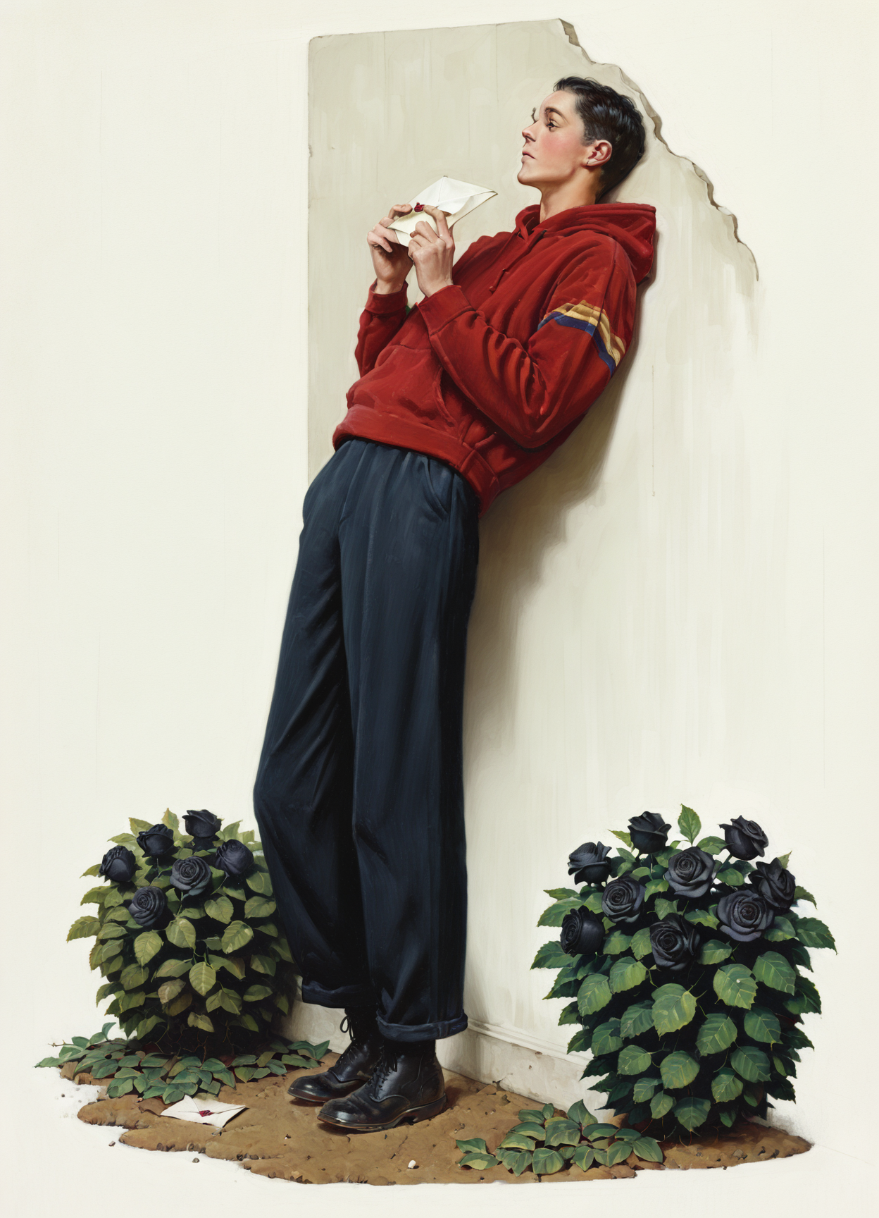 masterpiece, best quality, amazing quality, very aesthetic, absurdres, realistic, photorealistic, norman rockwell,

(1boy, solo, black hair:1.1), short hair, red hoodie, black jeans, black boots, ankle boots,

full body, leaning back against wall, three quarter view,

(black rose bush, leaf:1.2), simple background, white background,

holding envelope, skinny, ground, dirt, pebble, (brick:0.8)