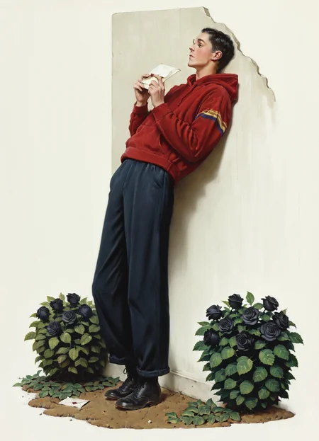 masterpiece, best quality, amazing quality, very aesthetic, absurdres, realistic, photorealistic, norman rockwell,

(1boy, solo, black hair:1.1), short hair, red hoodie, black jeans, black boots, ankle boots,

full body, leaning back against wall, three quarter view,

(black rose bush, leaf:1.2), simple background, white background,

holding envelope, skinny, ground, dirt, pebble, (brick:0.8)