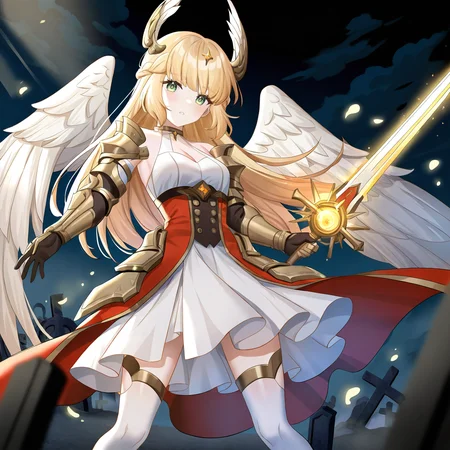 1girl,solo,looking at viewer,mijiale,simple background,white background,green eyes,blonde hair,head wings,white dress,looking at viewer,stone,full_shot,graveyard,wielding sword,battlefield,rubbles,destroyed buildings,tachi-e,bishounen,dark,dappled sunlight,blurry_foreground,perspective,,feet out of frame,<lora:mijiale-000014:0.8>, masterpiece, best quality, very aesthetic, absurdres,newest, incredibly absurdres,
