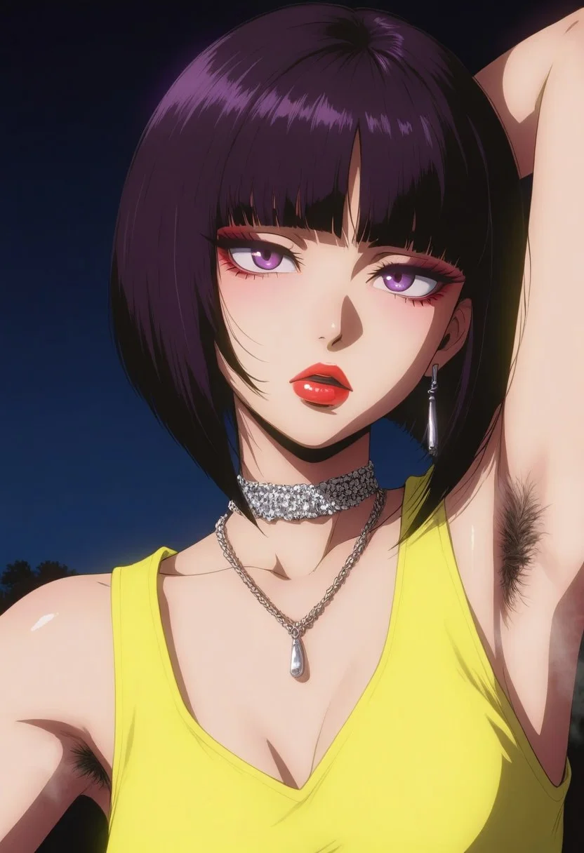 closeup zoomed in portrait of a Japanese goth woman, bangs, straight-cut bob, dark eyehadow, red lips, dangly earrings, choker, necklaces, fluorescent neon yellow sleeveless crop top, armpit hair, steaming armpits, professional photography, directional lighting, outdoors, silhouetted, dark background, chiascuro