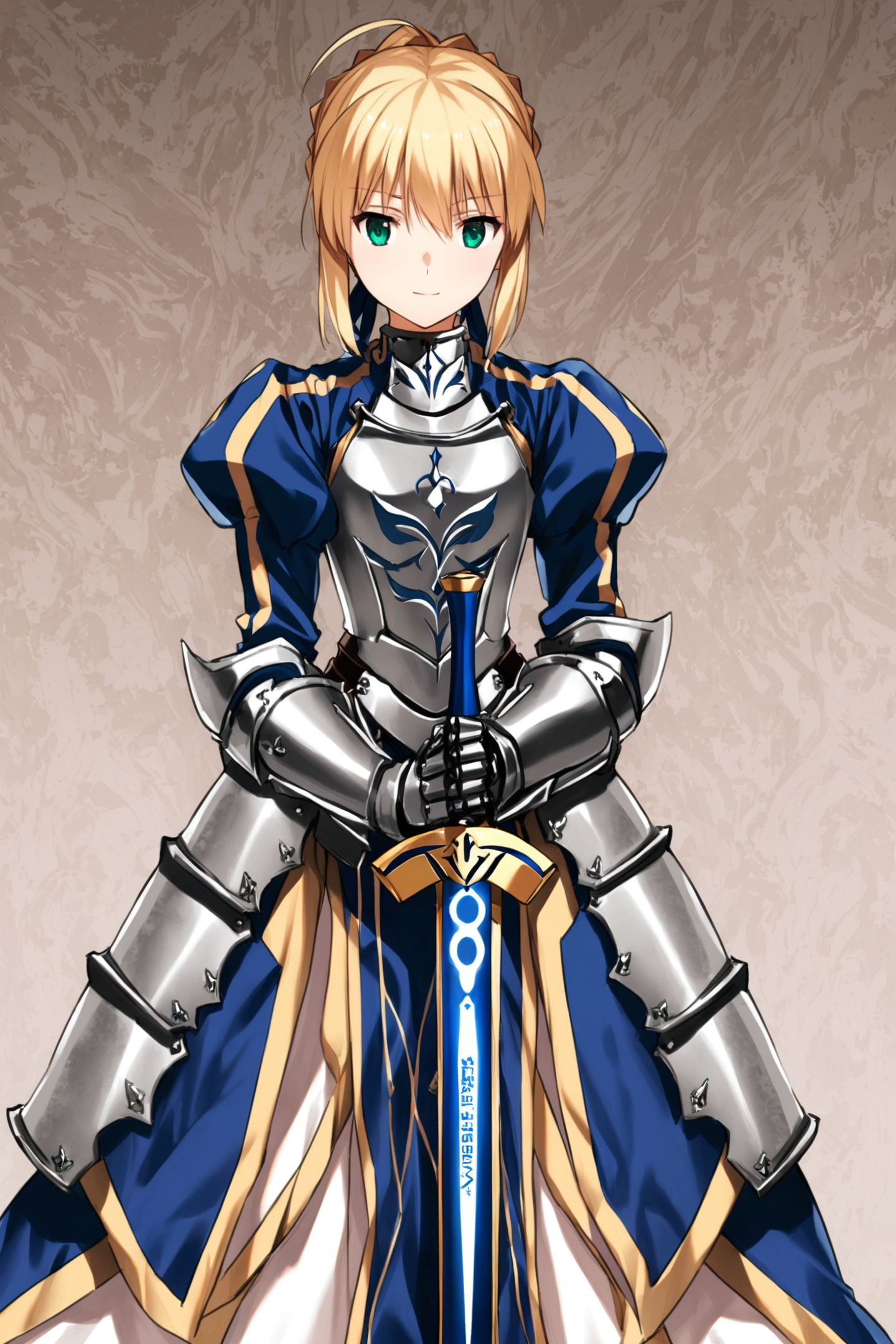 1girl,solo,saber,artoria pendragon (fate),blonde hair,weapon,ahoge,sword,armor,green eyes,standing,white dress,gauntlets,excalibur (fate/stay night),ribbon,hands on hilt,light smile,armored dress,hair ribbon,caliburn (fate),puffy sleeves,<lora:saitom_XL:0.8>,