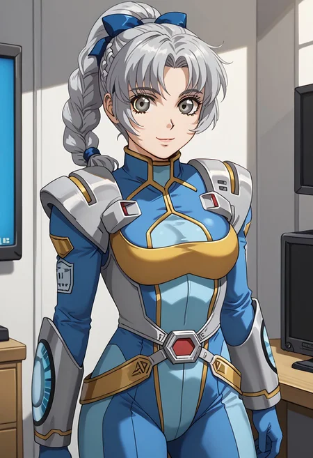 score_9, score_8_up, score_7_up, 1girl, solo, grey hair, grey eyes, braided ponytail, srwbluepilotsuit, blue bodysuit, pauldrons, wrist guards, metal belt, grey armor, helmet removed, no headwear, looking at viewer, slight smile, cowboy shot, indoors, metal wall, metal walls, monitor,
