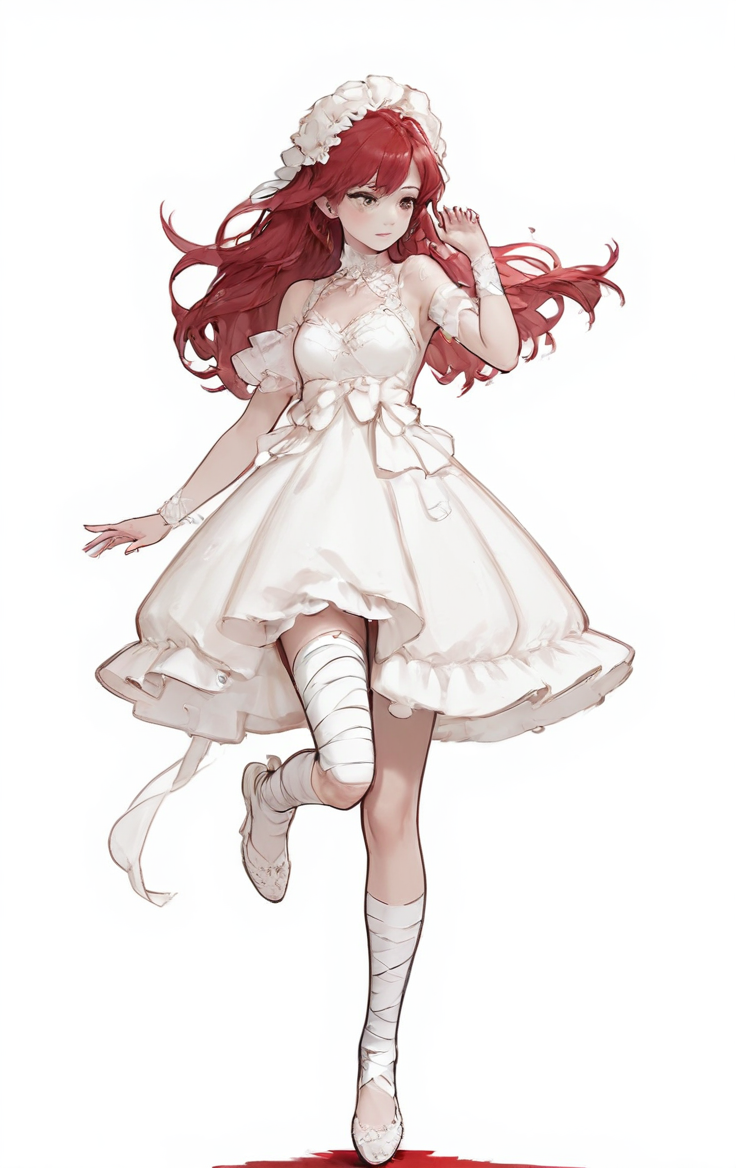 score_9, score_8_up, score_7_up, score_6_up, score_5_up, score_4_up,
 <lora:OverDesignedGirls:.7>
1girl, bandaged leg, bandages, dress, full body, long hair, red hair, simple background, solo, standing on one leg, white background, white dress