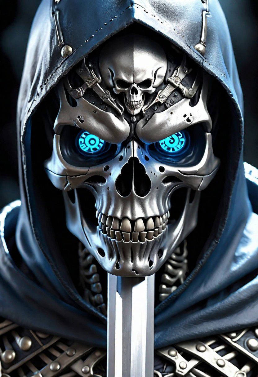 (masterpiece:1.2), best quality, high resolution, perfect lighting, extremely detailed, (Terminator assasin),  battle scared white and black carbon armor,  Wearing a dark cloak with hood, skull face just visable under hood, (very dim light blue eyes, eyes very dim blue glow), (full_armor fitted like a skeleton ribs design), humanoid, Metal Human skull head, (extreme detailed micro mechcanical scary Metal human skull design). Samurai sword shinning silver, Runes decorative embossments over his cloak, slim muscular body fast agile and stealthy, background a dark back street with subtle lighting and shadows, facing viewer, solo, Hired Cyborg Assasin