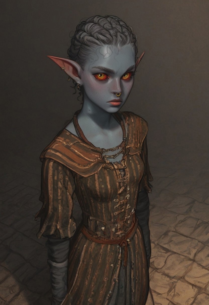 safe_pos, solo, short pointy ears, piercings, random elf face, aquiline features, female dark elf, brow rings, nose rings, beaded piercings, weathered skin, large nose, insect chitin armor, insect chitin helmet, insect chitin ornaments, stylized insect pattern, athletic build,  animated realism, zoomed out, Syrian features, torso, brass pipes and gears, intricate architecture, dwarven masonry, dwemer fixtures, white-green light, gloomy lighting, ancient ruins, interior, stone tiled floor, grey-blue skin, mahogany and ivory clothes, medium armor, bone plate armor, ivory straps and fittings, alien bone ornaments, grey wood neckguard, red sclera, black pupils, blue-green light, neon, highly detailed, defined features, looking at viewer, three quarters view, from above, dynamic lighting, 19 years old, light and shadows, patterned cloth, annoyed expression, expressive eyes, detailed medieval clothes, medium_breasts, short hair, wavy hair, thick hair, beaded hair, braided hair, under cut hair, semirealistic, alien elf, spanish features, jewish features, white grey hair, dark red hair, umber skin, sharp features, pastel green inuit print cloak, nighttime, high detail, absurdres, pretty eyes, detailed eyes, yellow eyes,