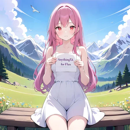 <lora:any_style_for_flux:0.85>, PEX_style, anime,
((she is holding a board with"AnythingXL for Flux")), 1girl with long pink hair and red eyes wearing a white sleeveless dress sitting on the bench, in a mountain meadow, she has a neutral expression and is looking at the viewer, the background shows snow-capped mountains, the meadow is filled with colorful flowers and grass, pine trees can be seen on the mountainsides, birds are flying in the sky, there is a contrail visible in the blue sky, upper body,