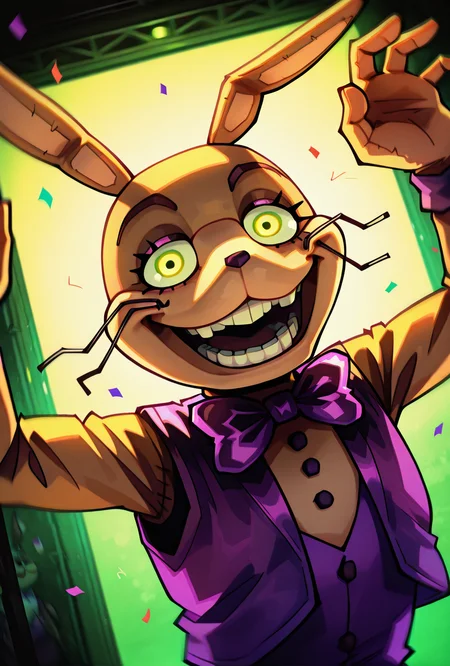 <lora:glitchtrap-04:1> glitchtrap, smile, purple bowtie, purple vest, , furry, 1boy, rabbit ears, teeth , <lora:sakfsdajfkasd:1> alpharecdyt, purple circus, green lights, cinematic, foreground blur, confetti, tilted angle, floating rabbit masks, dancing, floating faces, upper body, cowbot shot, dutch angle,, masterpiece, best quality, amazing quality, very aesthetic, absurdres, newest,