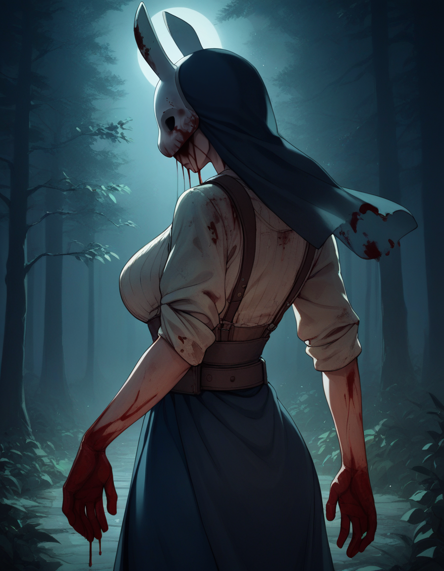 score_9, score_8_up, score_7_up,score_6_up, score_5_up, score_4_up ,
1girl, solo,
large breasts,
huntressdg, veil, mask,
low-key lighting, night, dark, forest,
from behind, profile,   blood, blood on clothes, blood on hands, 
horror \(theme\), 
 <lora:Huntress DG PXL v01-000003:0.90>