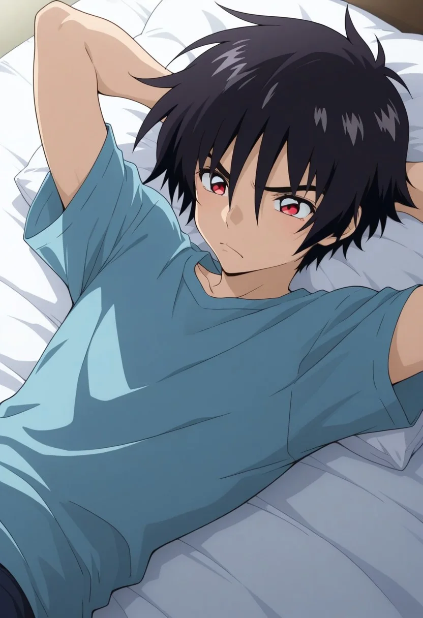 masterpiece,best quality,amazing quality, source_anime,
ShinnAsuka, 1boy, male focus, solo, red eyes, black hair, t-shirt, blue shirt,
lying on bed, pillow, hands behind head, frown,