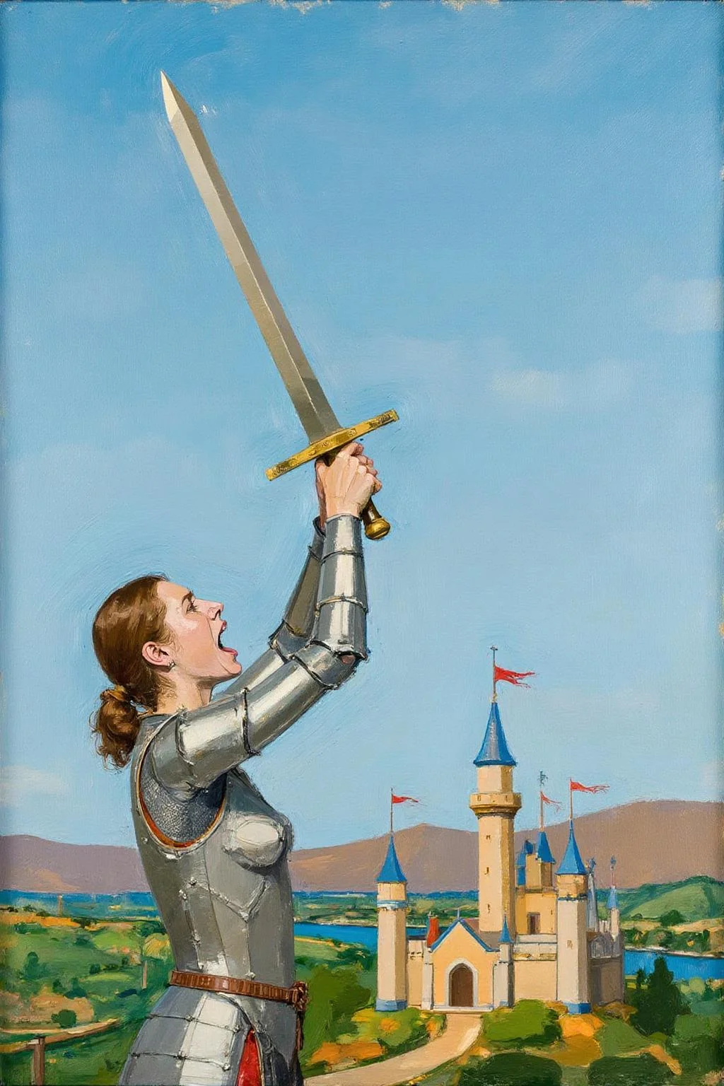 euanuglow1 painting. Young woman in medieval metal armor, lifting a giant sword toward the sky. She is shouting angrily. There is a castle in the background overlooking a valley, <lora:euanuglow1_cap_d6aee11:1.0><lora:845529295356008053:0>