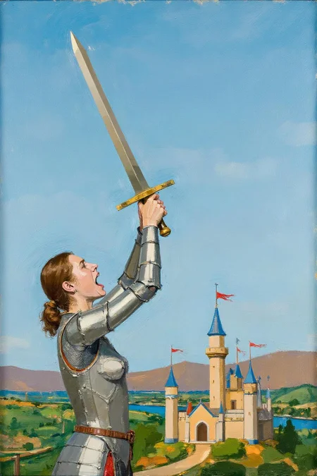 euanuglow1 painting. Young woman in medieval metal armor, lifting a giant sword toward the sky. She is shouting angrily. There is a castle in the background overlooking a valley, <lora:euanuglow1_cap_d6aee11:1.0><lora:845529295356008053:0>