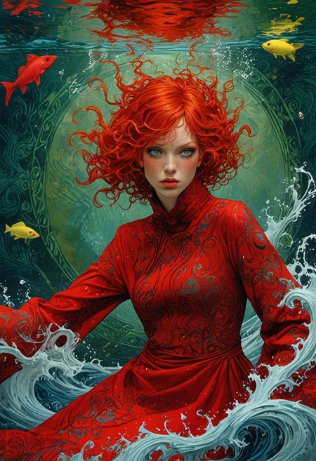 The composition includes evil female, red short dress, curly red hair with glitter, backstroke in the pool, most of the picture shows water, trending on ArtStation,and man dark black face with red eyes aaron horkey, in the background, hyeronimus bosch. dark blues and citron green, patterns, hypnotic, art by careening into peace.