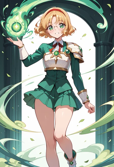 masterpiece, best quality, high quality, anime, solo, <lora:AEFuuillx:1>
AEFuuKnight, green eyes, curly hair, parted bangs, short hair, glasses, rimless eyewear, round eyewear, red hairband, breastplate, shoulder armor, green skirt, miniskirt, pleated skirt, ankle boots, white footwear,
standing, smile, wind, green energy, green magic, watson cross, hand up, full