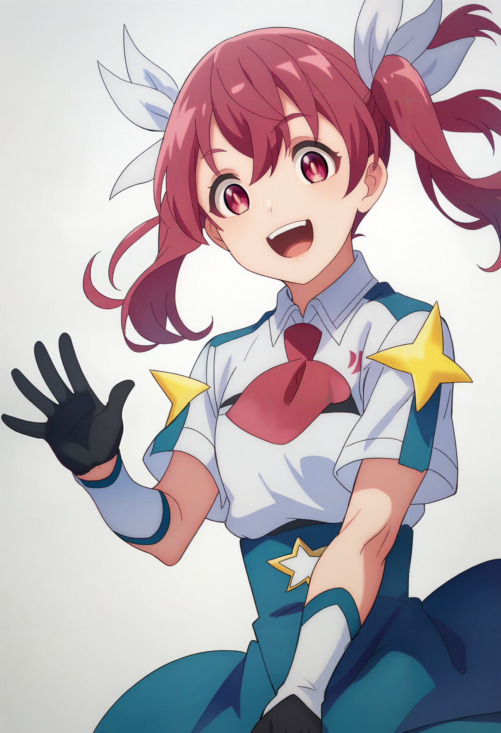 score_9_up,score_8_up,score_7_up,<lora:MCL_KS_v1.0_PONY-000034:1>,
MCL_KS,twintails,solo,black gloves,smile,pink hair,pink eyes,hair ribbon,white short sleeve,blue skirt,white arm guard,waving,looking_at_viewer,white_background,simple_background,open mouth