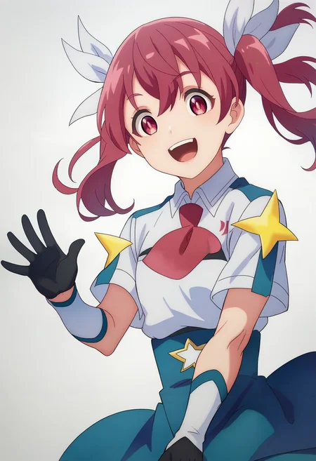 score_9_up,score_8_up,score_7_up,<lora:MCL_KS_v1.0_PONY-000034:1>,
MCL_KS,twintails,solo,black gloves,smile,pink hair,pink eyes,hair ribbon,white short sleeve,blue skirt,white arm guard,waving,looking_at_viewer,white_background,simple_background,open mouth