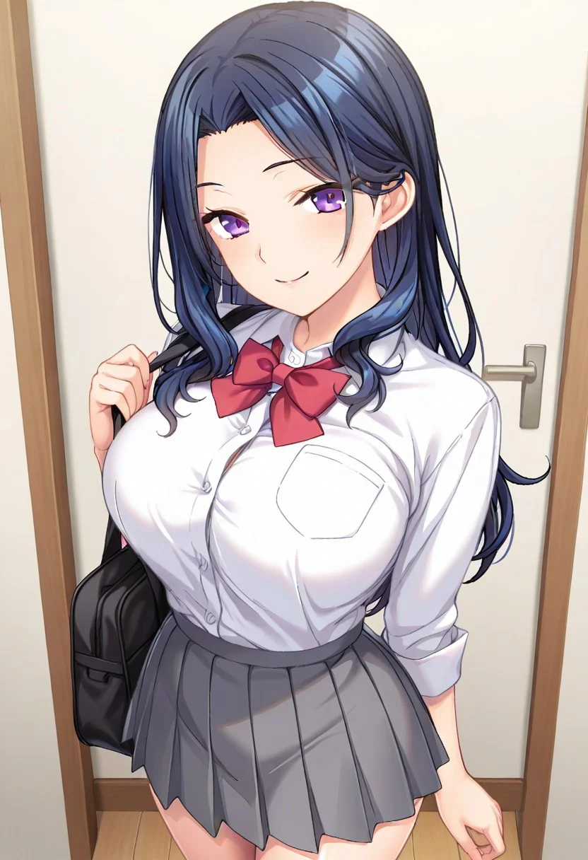 FujiMari, dark blue hair, long wavy hair, purple eyes, smile, standing, white shirt, red bowtie, pleated grey skirt,
BREAK
(absurdres, best quality, masterpiece:1.4), amazing quality, highres, newest, detailed, detailed body, detailed face,  beautiful, looking at viewer, 1girl, solo,