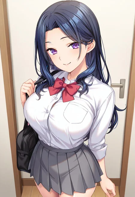 FujiMari, dark blue hair, long wavy hair, purple eyes, smile, standing, white shirt, red bowtie, pleated grey skirt,
BREAK
(absurdres, best quality, masterpiece:1.4), amazing quality, highres, newest, detailed, detailed body, detailed face, beautiful, looking at viewer, 1girl, solo,