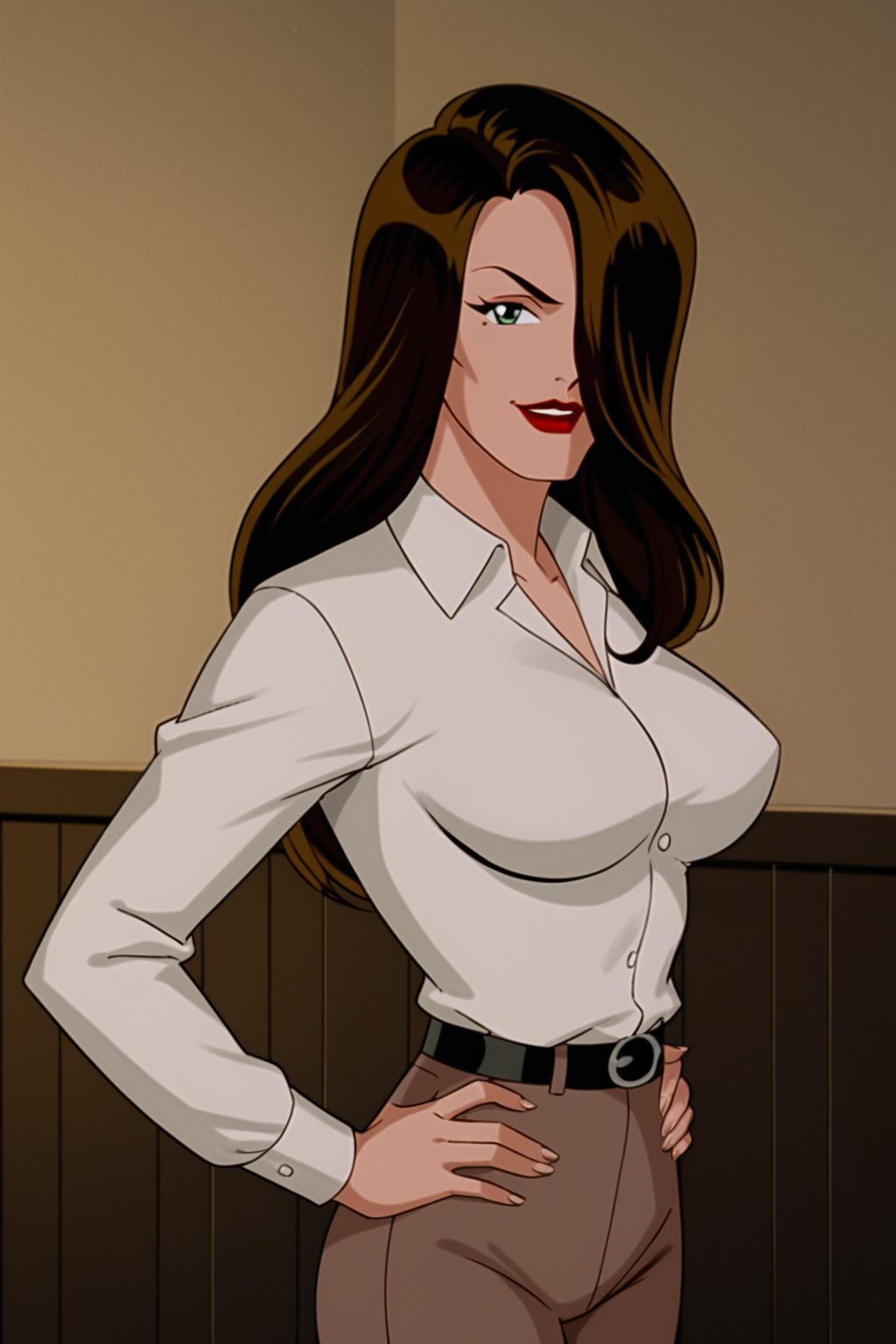 PonyXLV6_Scores BREAK (retro artstyle, perfect anatomy, perfect eyes, cowboy shot), <lora:add_details_xl:0.8> BREAK <lora:Talia_-_DC_Animated_Universe:0.8> talia al ghul, long hair, hair over one eye, brown hair, green eyes, lipstick, flirting, raised eyebrow, ((looking at viewer)), collared shirt, white shirt, long sleeves, black belt, high-waisted pants, brown pants, large breasts, curvy, toned, athletic, standing, teasing viewer, sexually suggestive pose, arched back, hands on hip, indoors