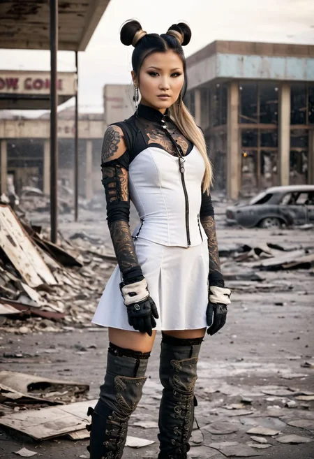 Kelly Hu, Petite, asian, darkskin,blonde hair,  18 year old Chinese woman, flat chested, earrings, eye liner, tattoos, double bun, 4k, very detailed, 80sgirlpearl, Scarlett, eyeliner, ((blonde hair)),  BREAK,  medic in a dusty war-torn city, steampunk, full body portrait, dystopian, post-apocalyptic, (detailed face, detailed eyes, (pale skin:1.2)), intense detail, highly detailed, sharp focus, thigh-high socks, (long gloves:1.4), portrait, F/2.4, photograph, detailed skin, realistic, photo-realistic, 8k, highly detailed, full length frame, High detail RAW color art, piercing, diffused soft lighting, shallow depth of field, sharp focus, cinematic lighting), set in a post-apocalyptic abandoned shopping plaza, broken storefront windows, debris-filled dried fountain, abandoned cars.  masterpiece, best quality,Abandoned Hospital, corneo_x_pasties