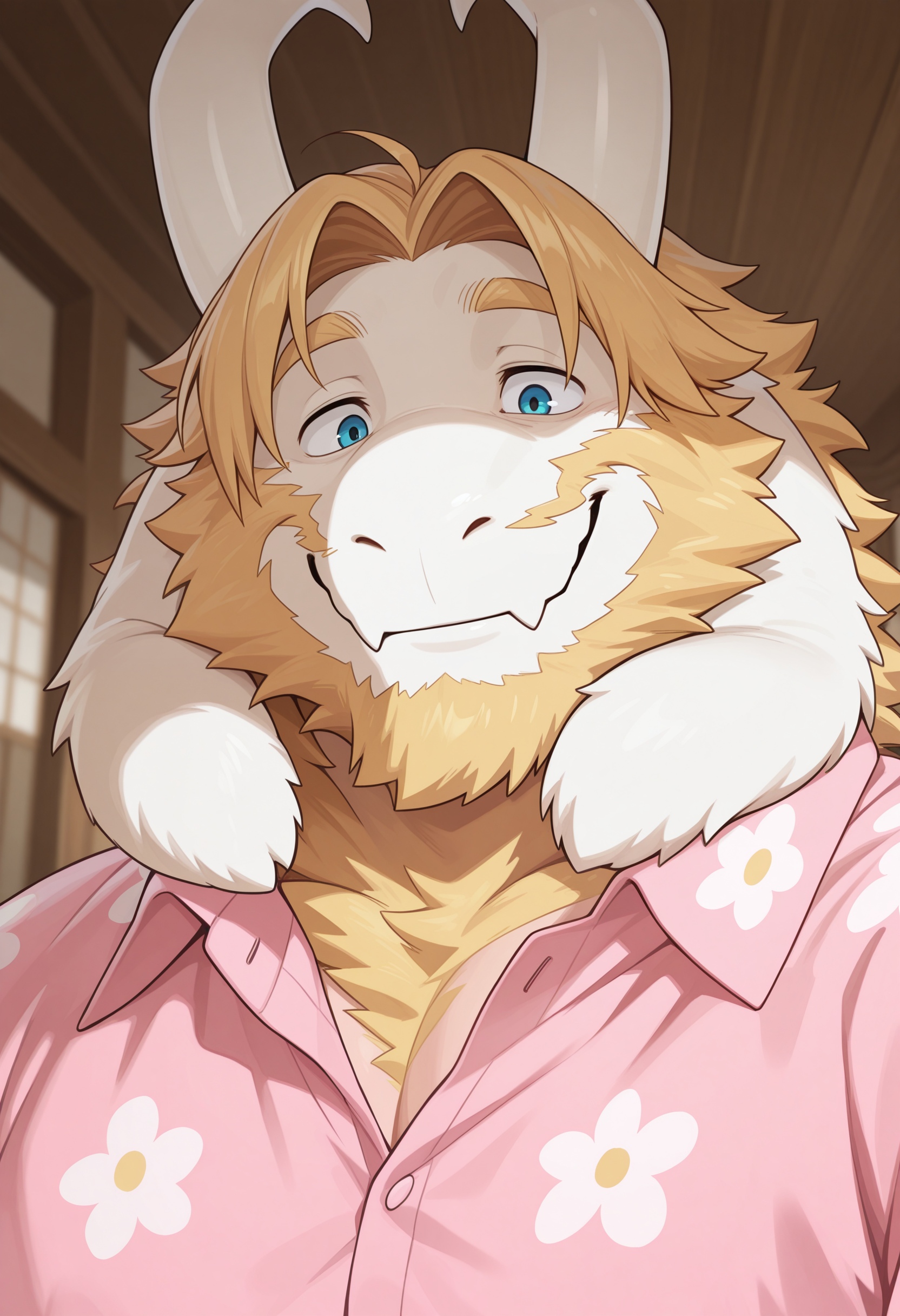 masterpiece, best quality, amazing quality, solo, 1boy, AsgoreUT, smile, close-up, floral shirt