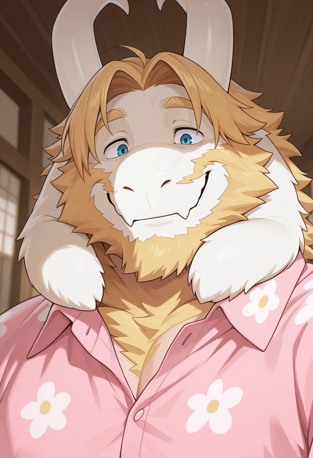 masterpiece, best quality, amazing quality, solo, 1boy, AsgoreUT, smile, close-up, floral shirt