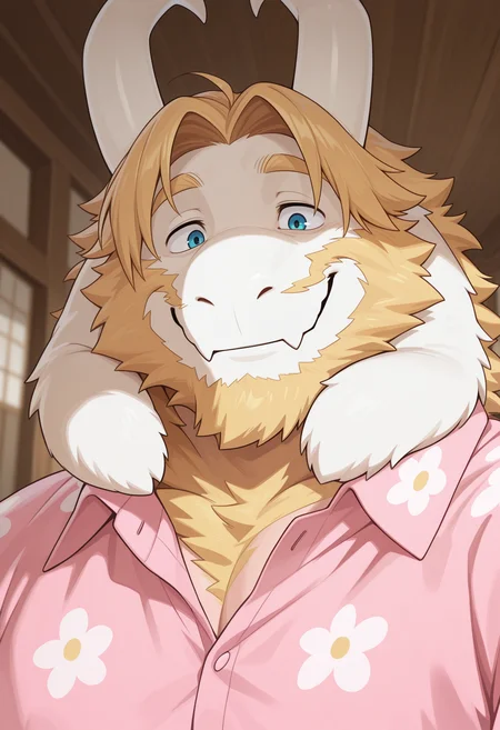 masterpiece, best quality, amazing quality, solo, 1boy, AsgoreUT, smile, close-up, floral shirt