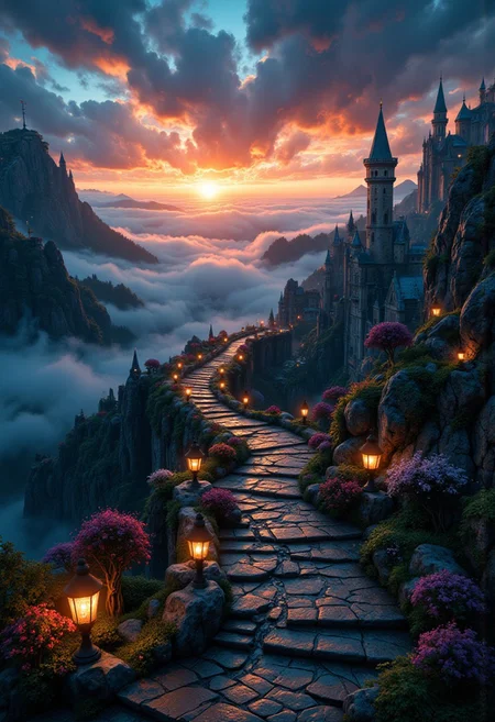 Image of a neverending staircase up to the sky,castle,sunrise, fog,see-through, best quality, whimsical, fantastic, splash art, intricate detailed, hyperdetailed, photorealistic, concept art, harmony, serenity, tranquility, glow, glowing, ambient occlusion, halation, cozy ambient lighting, dynamic lighting,masterpiece, liiv1, linquivera, metix, mentixis, masterpiece, award winning,