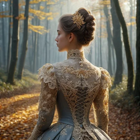 epiCRealism, masterpiece, highly detailed, one girl in a extremely detailed Victorian dress, lace and embroidery with golden leaves and pearls, hair made in a high bun, she walks alone through a late autumn forest in a cold morning, the Sun has just risen and timid sun-rays pierce the autumn leafs and reaches the early mist that clings to the earth, time stands still while early snowflakes falls from a grey sky