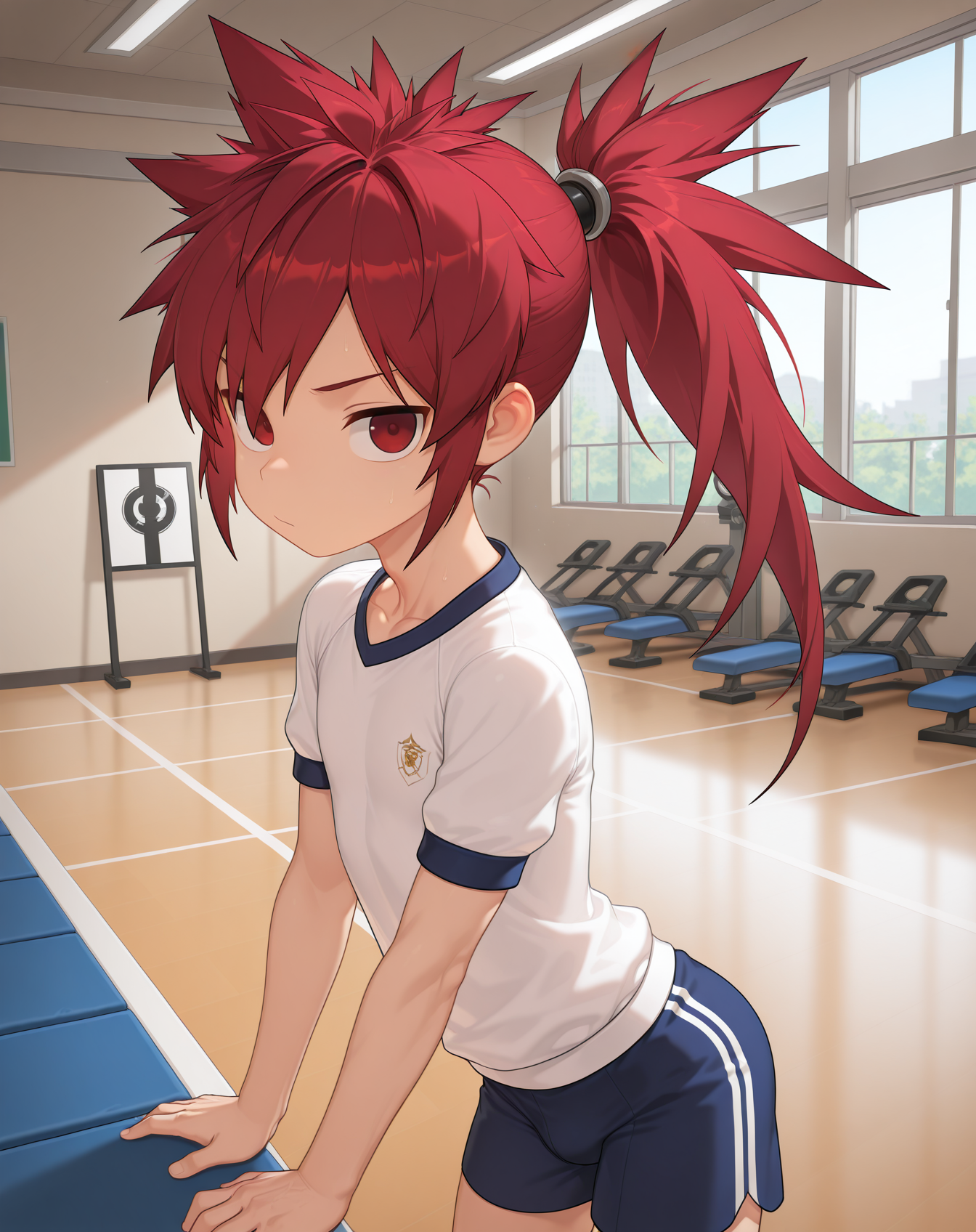 masterpiece,best quality,amazing quality, newest, very aesthetic, absurdres,
1boy, solo, yaoi, male focus, looking at viewer, cowboy shot, standing,
 <lora:Elsword_Sheath_Knight_ilxl:1>   elswordsk, red hair, red eyes, spiked hair, long hair, ponytail,
gym uniform, gym shorts, gym shirt,
indoors, gym,