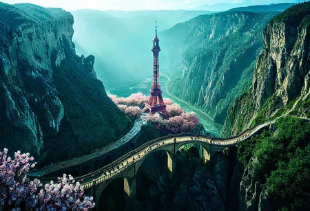 towers ringed in mist, sunrays, mixed media, flux-style, surrealism, fantasy, great lighting, A surreal landscape highly detailed, extremely high-resolution details, appears trapped in an optical illusion of reflections and refractions, colorful, Spring, cherry blossoms in the wind, sweeping vistas, majesty, spring blooms, (Zhangjiajie mountains:1.2), (((Paris in contemporary France, baroque architecture, European architecture, German Renaissance towers))), (stone arch bridges:1.05), winding rivers extending to the horizon, professional photography, natural lighting, volumetric lighting maximalist. vivid, vibrant colors, intricately detailed, (psychedelic colors, psychedelic colors:1.15), complex, elegant, expansive, fantastical, film photography style, medium grain, cmnt
(8k uhd:1,4)
<lora:add-detail-xl:1>
<lora:Dynamic Poses:1>