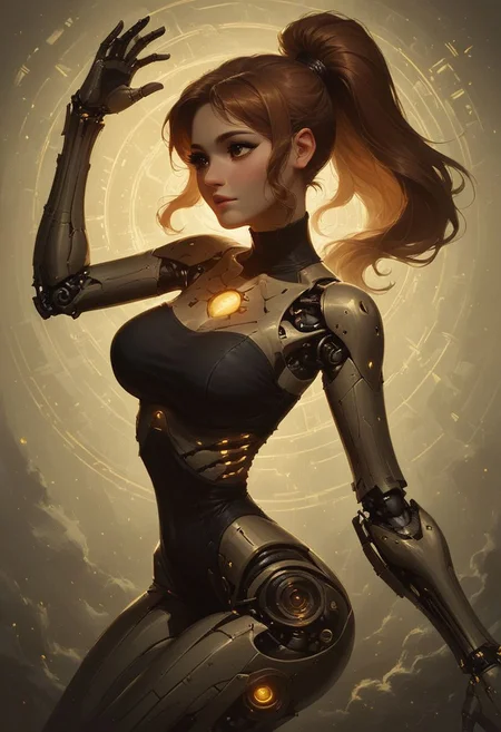 score_9, score_8_up, score_8, solo, w1ln4y4, beautiful shading, beautiful lighting, 1girl, sexy 20 year old, cute face, human face, long black eyelashes, large breasts, wide hips, hourglass figure, long brown hair, high ponytail, brown eyes, cyborg, exposed wires, exposed ribs, mechanical legs, mechanical arms, chest plate, glowing lights, mechanical chest, vivid colors:1.5, dynamic pose, high angle view:1.5, side view