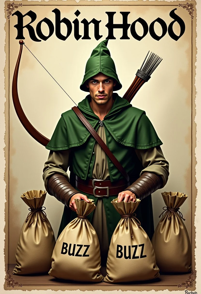 Robin Hood is depcited on a poster as he is handing over bags with the text 'BUZZ' to the poor. The savior of people. Wallpaper. The title of the poster reads 'Robin Hood' in a font similar to the writing style in the middle ages.