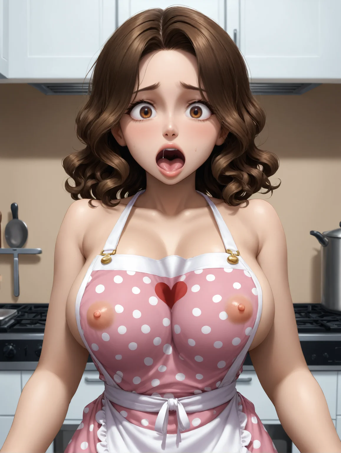 1girl, (on the picture character: mom, polka dot dress, surprised, apron, seductive expression, brown eyes, brown wavy hair, kitchen background, making breakfast, no nsfw, rating: safe), BREAK
POV holding a phone, (big phone screen:1.2), ((on the phone screen is the photo of character:1.2)), (on the phone screen character: covered in cum, hearts, getting fucked in the ass, anal sex, aggressive, anal creampie,  orgasm, medium tits, perky tits, puffy nipples, perfect pussy, reverse cowgirl, deep penetration, nsfw, rating:explicit)