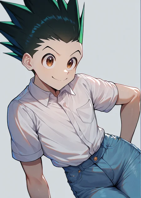 masterpiece, best quality, newest, absurdres, highres 1boy, solo, male focus, <lora:IlluGon-000010:1> illugon, black hair, green hair, spiked hair, brown eyes, white collared shirt, short sleeves, jeans, smile,